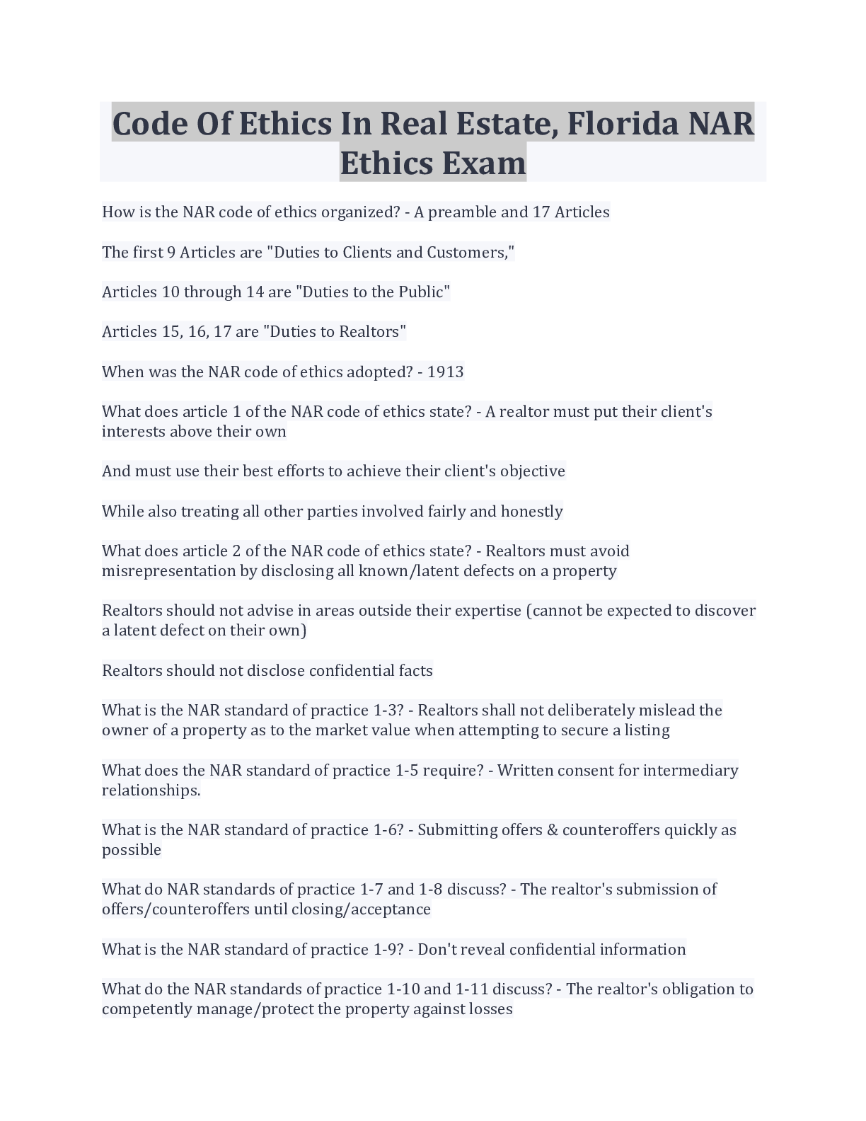 Preview image for Code Of Ethics In Real Estate, Florida NAR Ethics Exam Questions And Answers